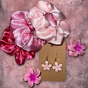 Different shades of pink Scrunchies with Flower Earrings and Hawaiian Mini Clips